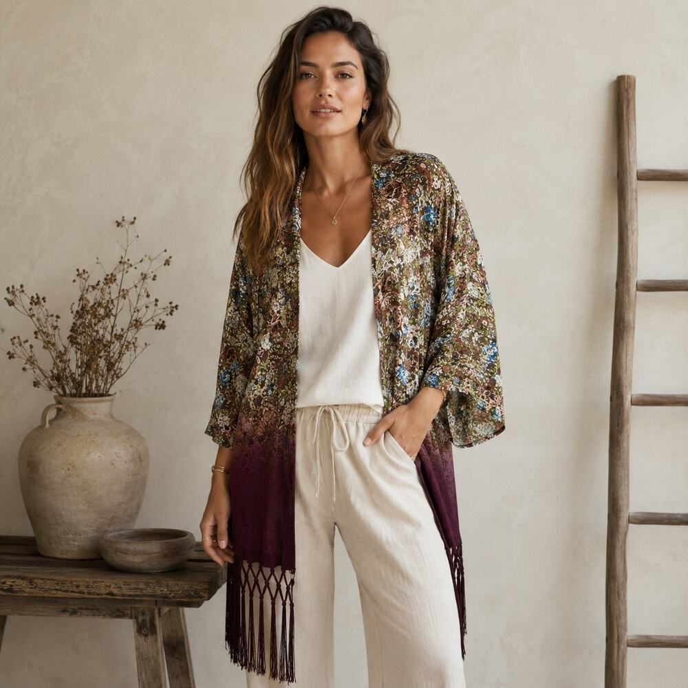 Gimmicks BKE Olive Maroon Floral Fringe Kimono Small
